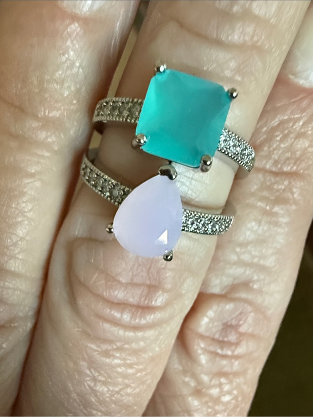 Silver-Tone Ring Set with Aqua and Lavender Gemstones